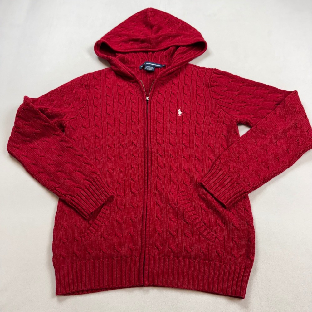 Ralph Lauren Sport Womens XL Red Cable Knit Full Zip Hoodie Sweater Cotton